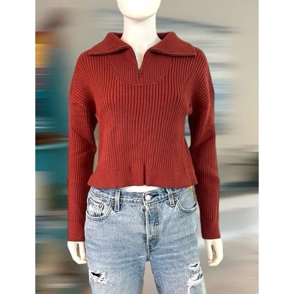 BAEVELY ribbed rust half zip crop sweater size LARGE - Picture 3 of 5